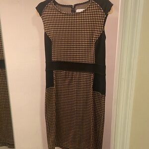New York & Company Black and Tan Houndstooth Midi Sheath Dress
